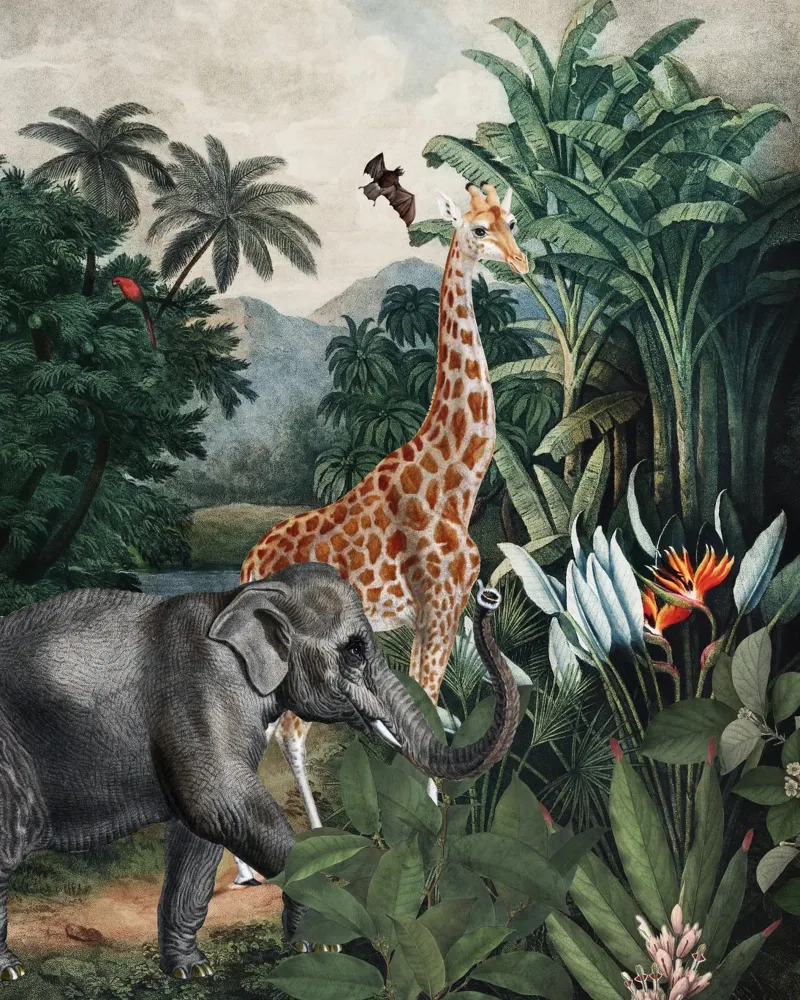Vintage Afrikaanse safari jungle landschap met wilde dieren canvas met Baklijst van Vintage World - Uta Naumann