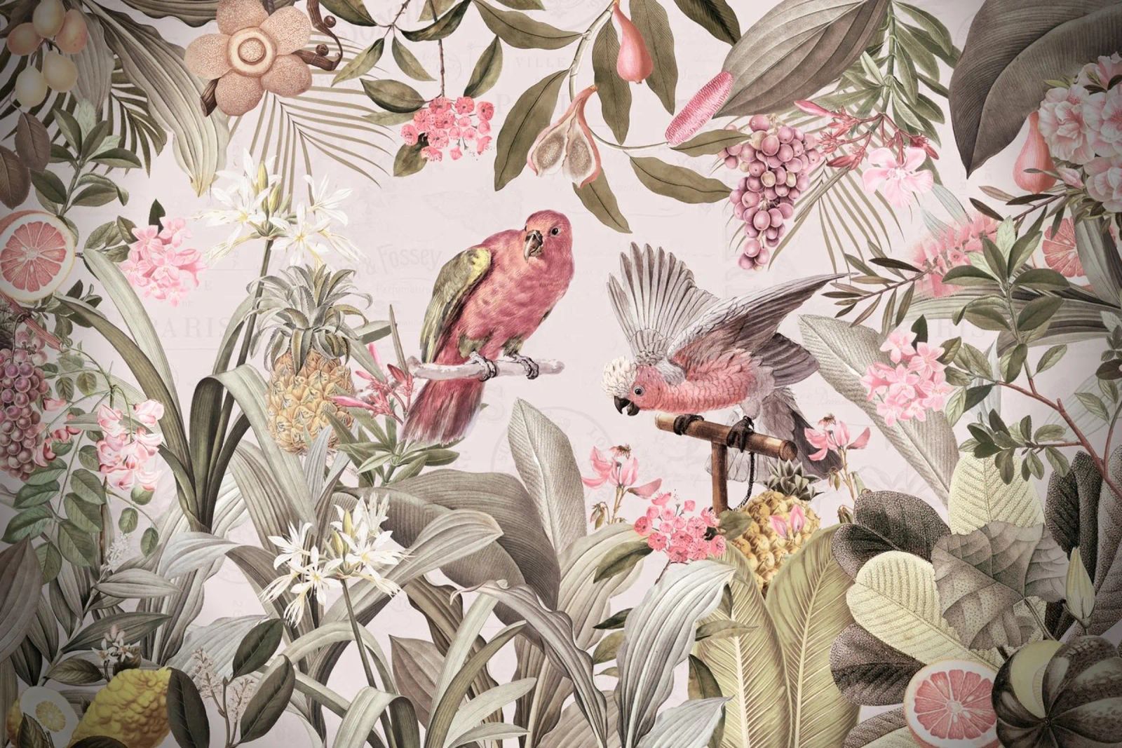 Cacatua rosa in un paesaggio di giungla rosa da safari tropicale poster da Vintage World - Uta Naumann