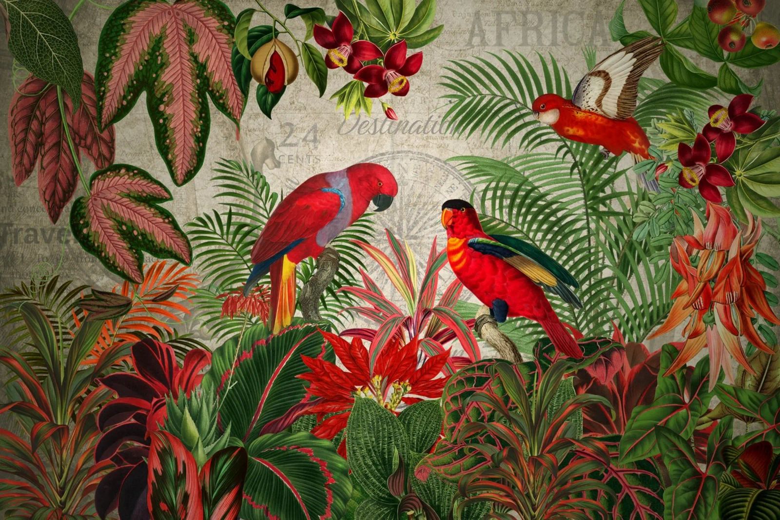 Vintage Tropical Wild Jungle With Red Cockatoos (Jungle tropicale sauvage avec des cacatoès rouges) poster de Vintage World - Uta Naumann
