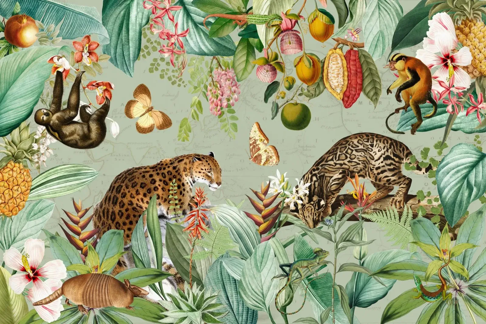 Exotische Dschungelwildnis - Landschaft mit wilden afrikanischen Tieren Alu-Dibond von Vintage World - Uta Naumann