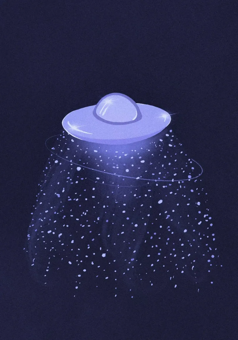 UFO mistico in una galassia blu lilla carta hahnemühle da Lisa Jureczko Arts Illustration