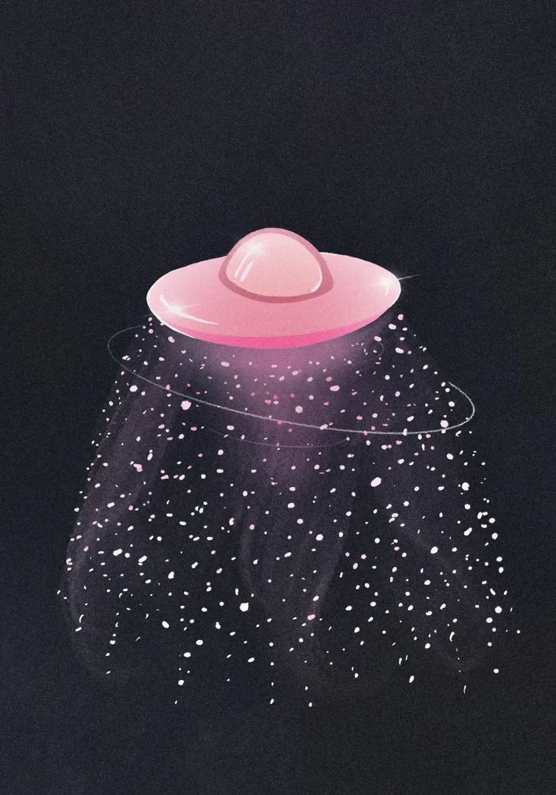 UFO mistico rosa chiaro in una galassia nera e scura pellicola backlit da Lisa Jureczko Arts Illustration