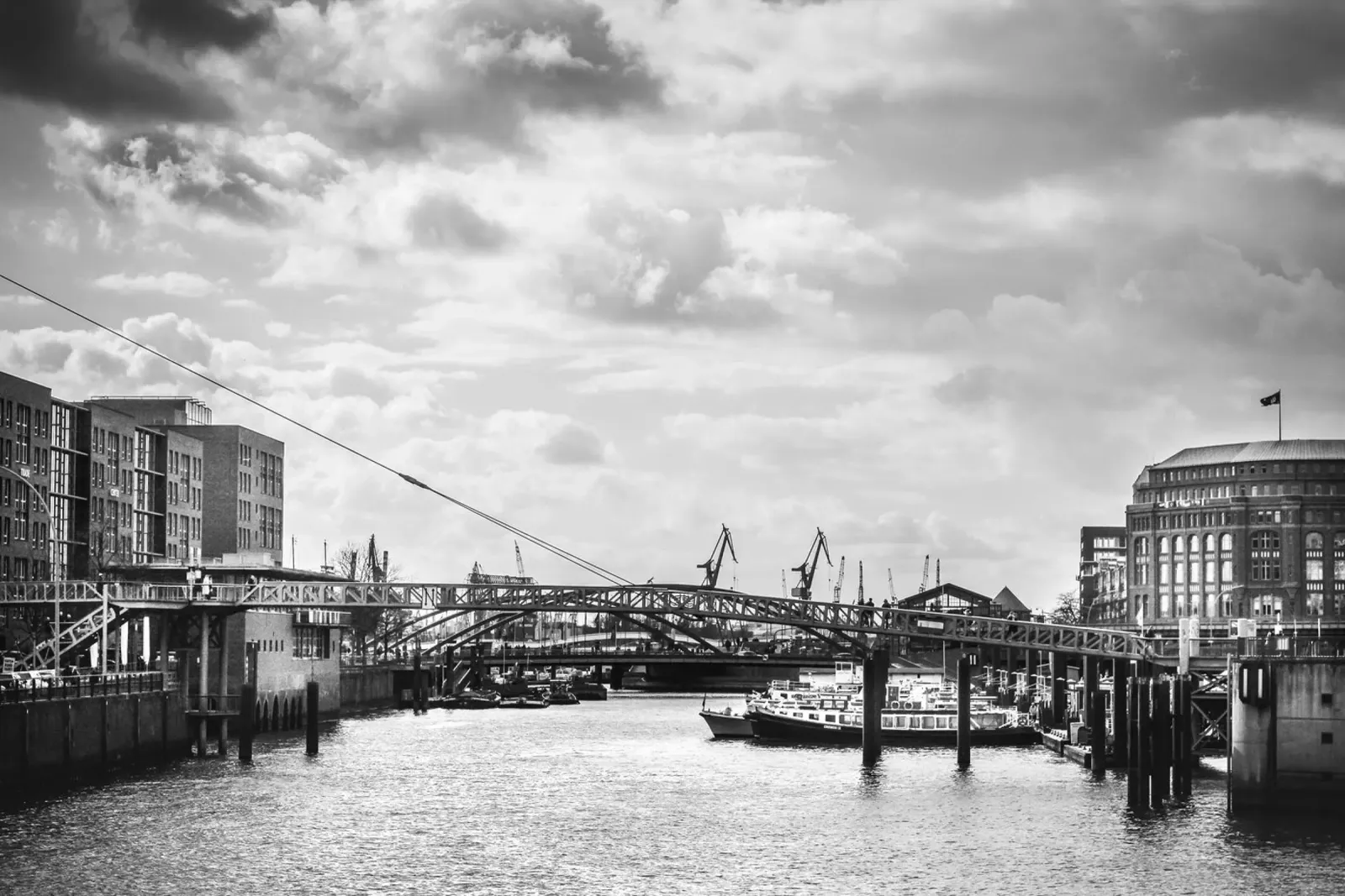 Bridge view in Hamburg's harbour poster with wooden frame by Anja Hebrank Photography