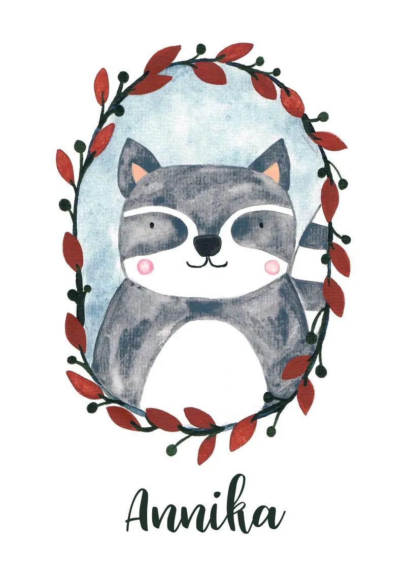 Kleiner Waschbär Portrait mit Name carta hahnemühle da BAINAI KIDS