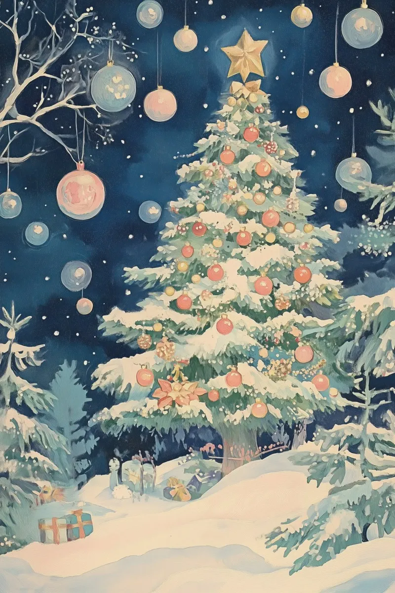 Illustrazione di albero di Natale vintage con ornamenti e neve carta hahnemühle da Melloi Art Print