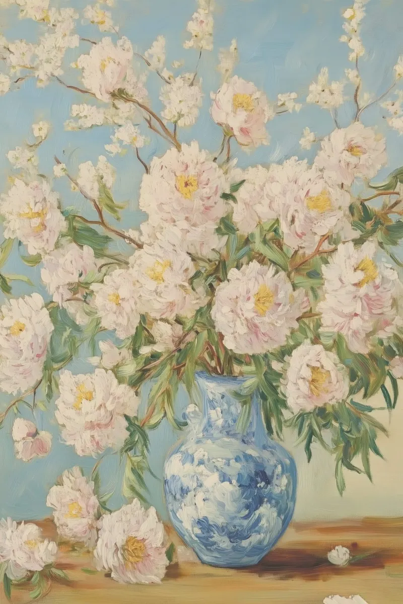 Peonie bianche in vaso blu pellicola backlit da Melloi Art Print