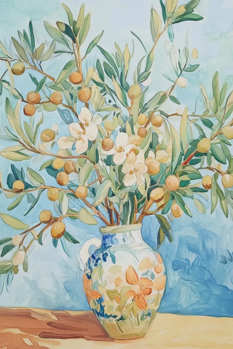 Olijftakken in de vaas canvas met Baklijst van Melloi Art Print