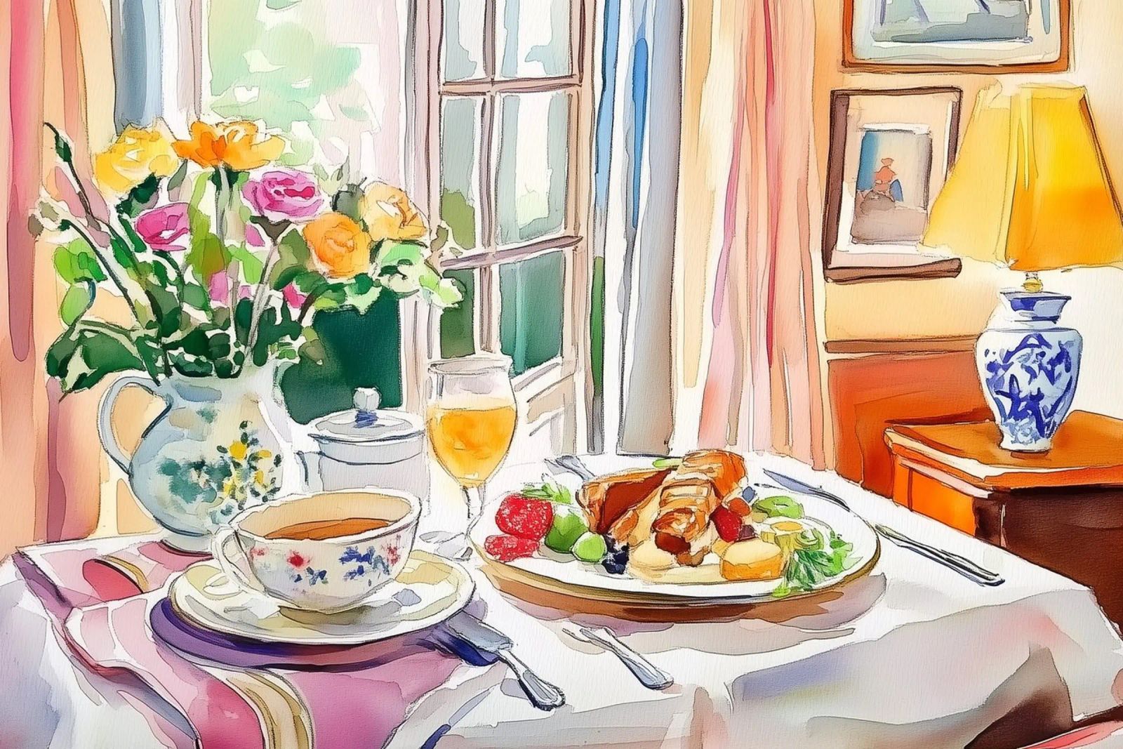 Frühstücksteeservice mit frischen Blumen Poster von Melloi Art Print