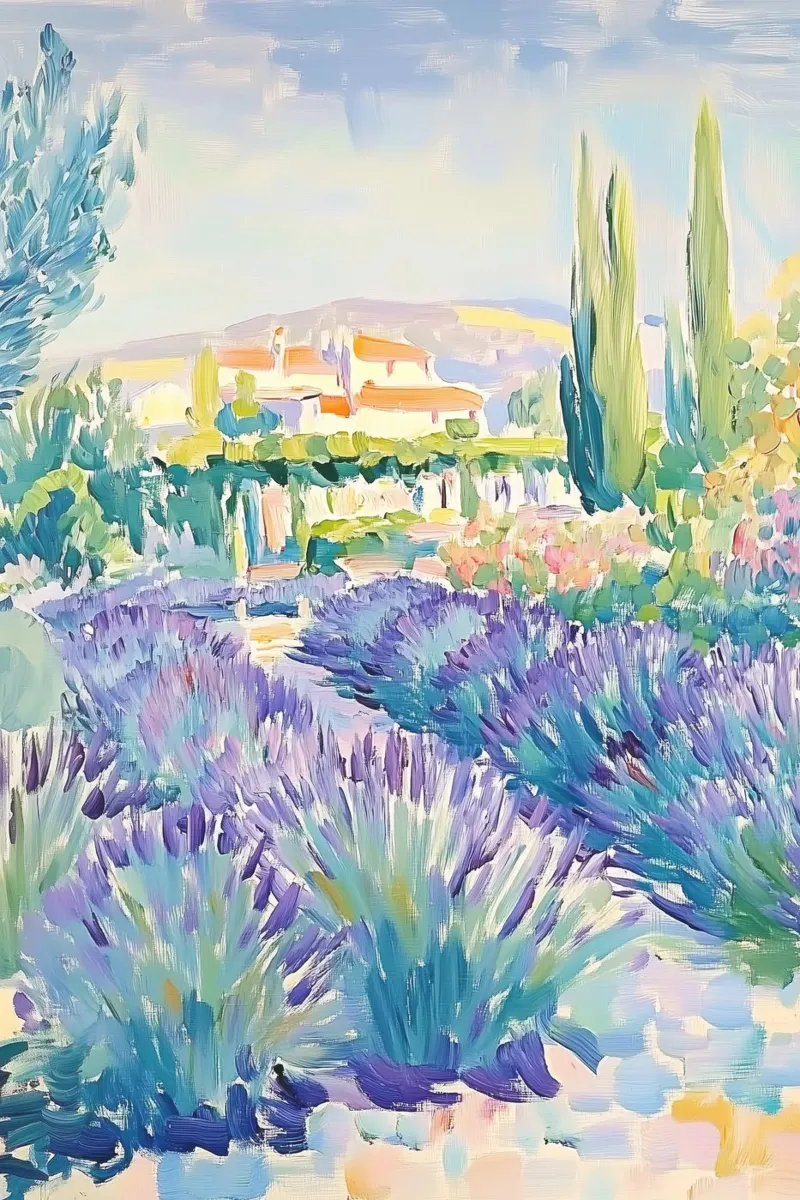 Provence Lavender Field with Cypress Trees hahnemühle by Melloi Art Print
