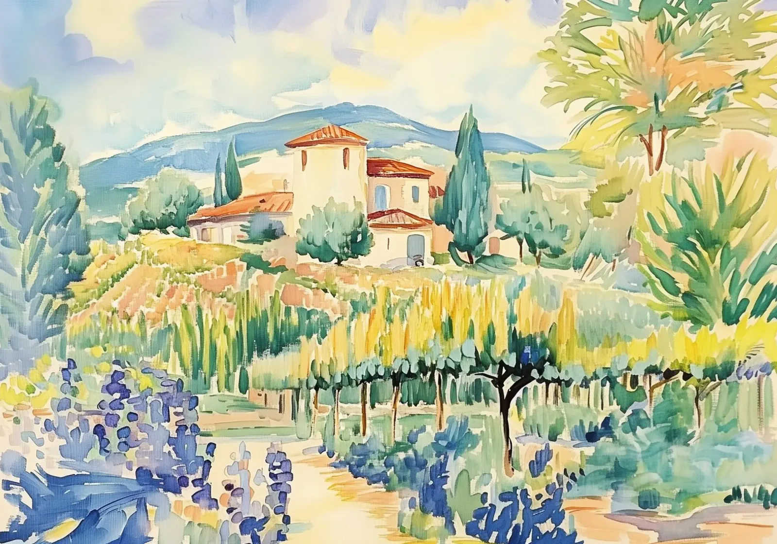 Acquerello di villa toscana con vigneto pellicola backlit da Melloi Art Print