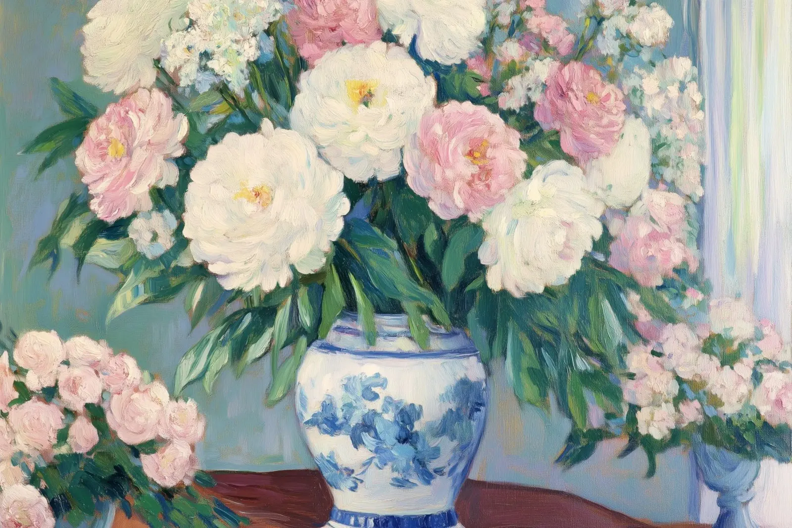 Peonie in un vaso a cineserie blu e bianco pellicola backlit da Melloi Art Print