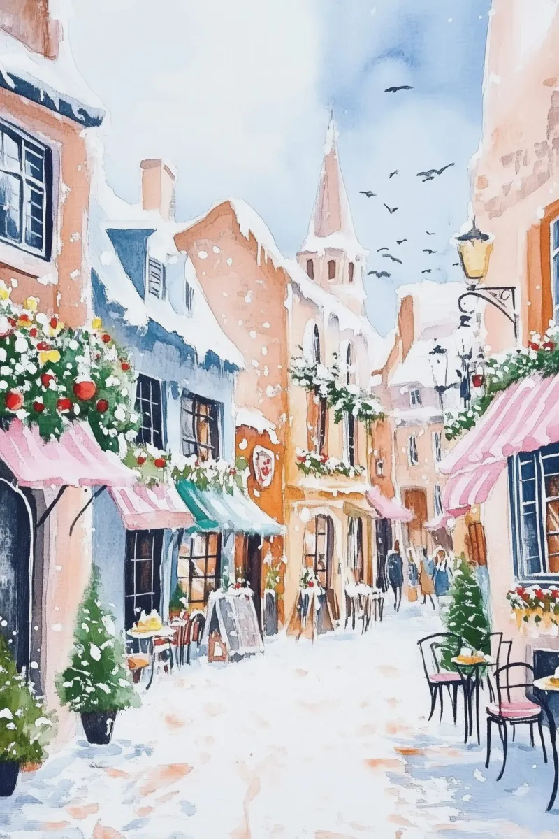Acquerello di un caffè europeo innevato poster con telaio in alluminio da Melloi Art Print