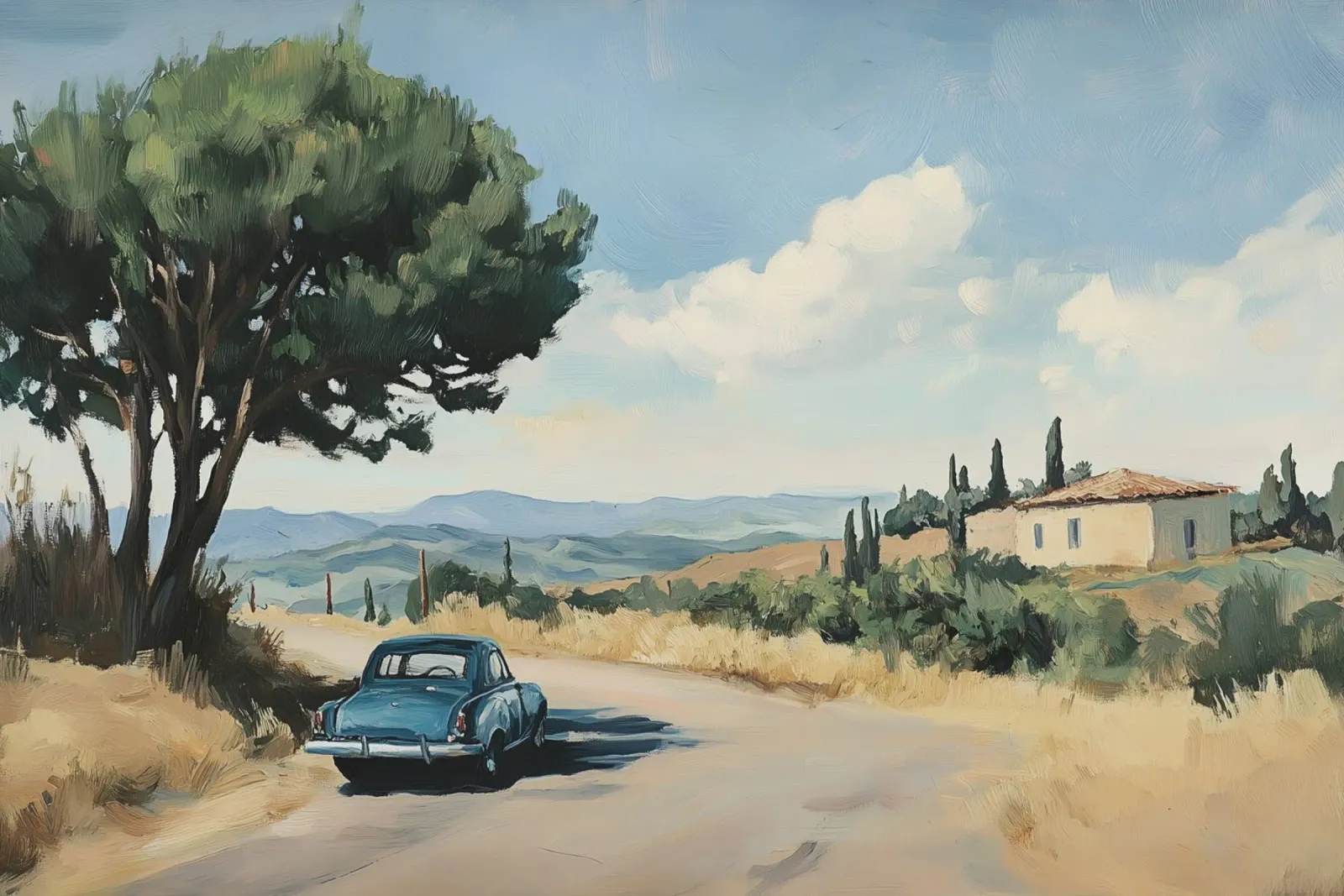 Auto d'epoca su una strada di campagna italiana poster con telaio in plastica da Melloi Art Print