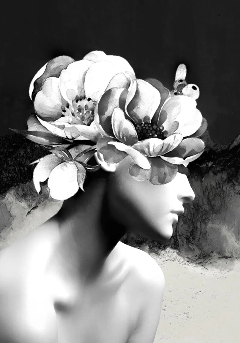 Retrato floral-negro y blanco poster con marco de aluminio de dada22