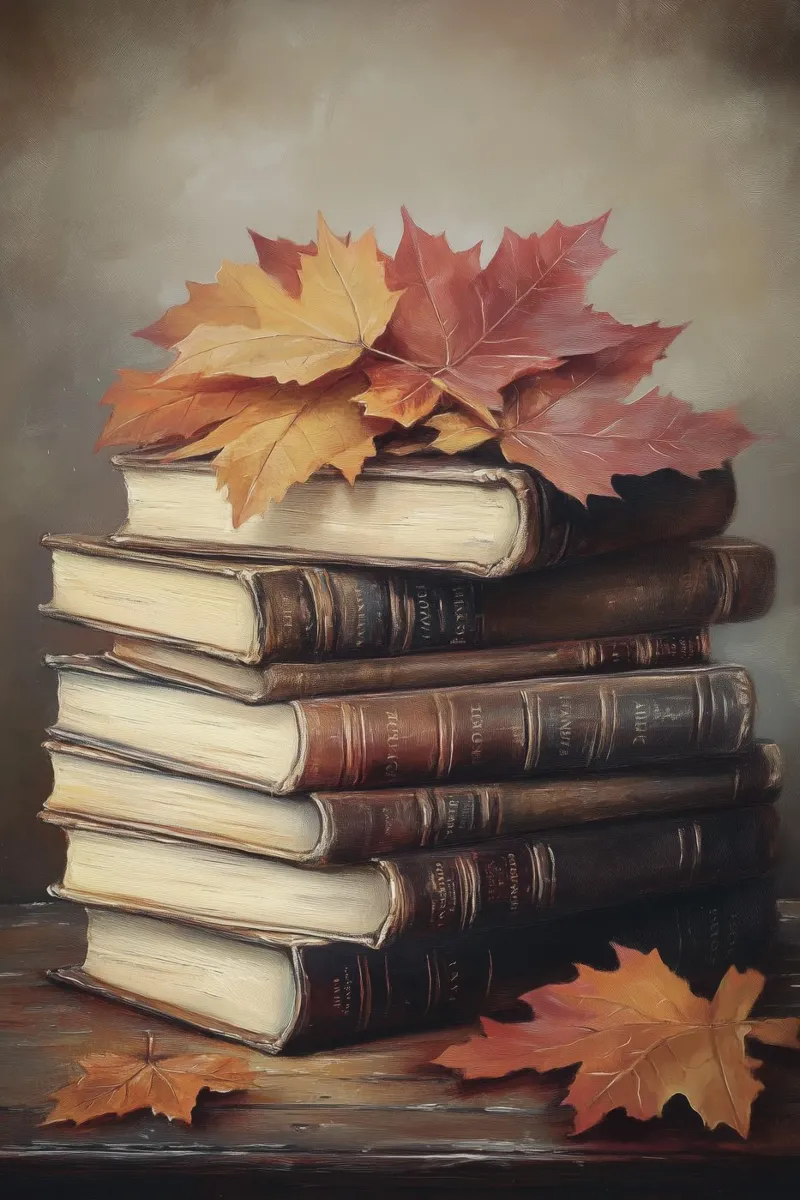 Libri d'autunno e foglie d'acero pellicola backlit da Melloi Art Print