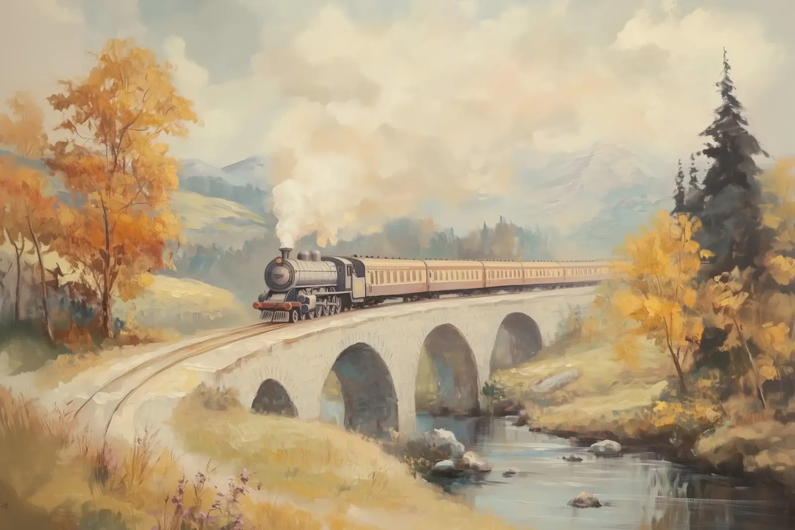 Treno a vapore sul ponte d'autunno carta hahnemühle da Melloi Art Print
