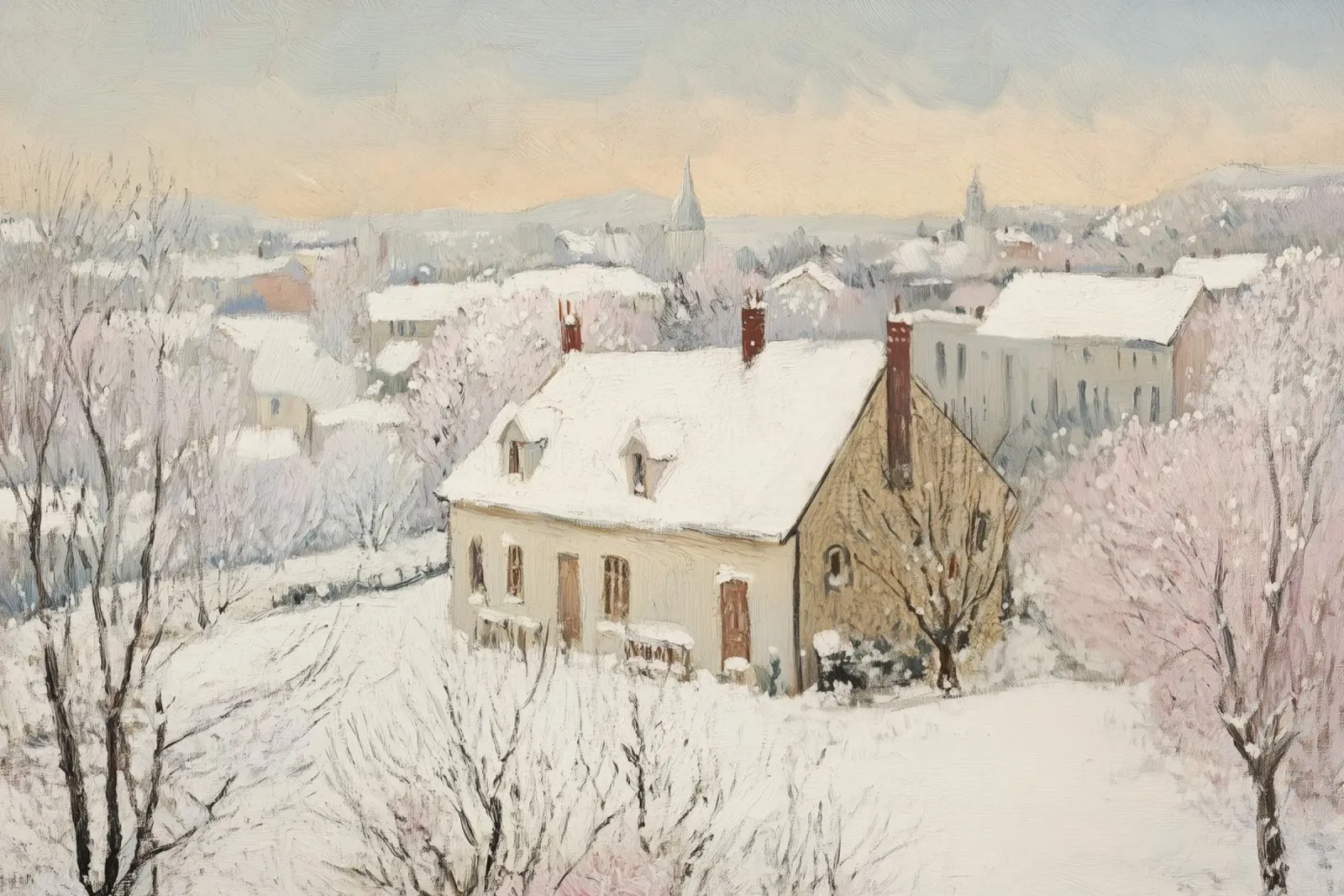 Scena invernale di un villaggio innevato alluminio dibond da Melloi Art Print