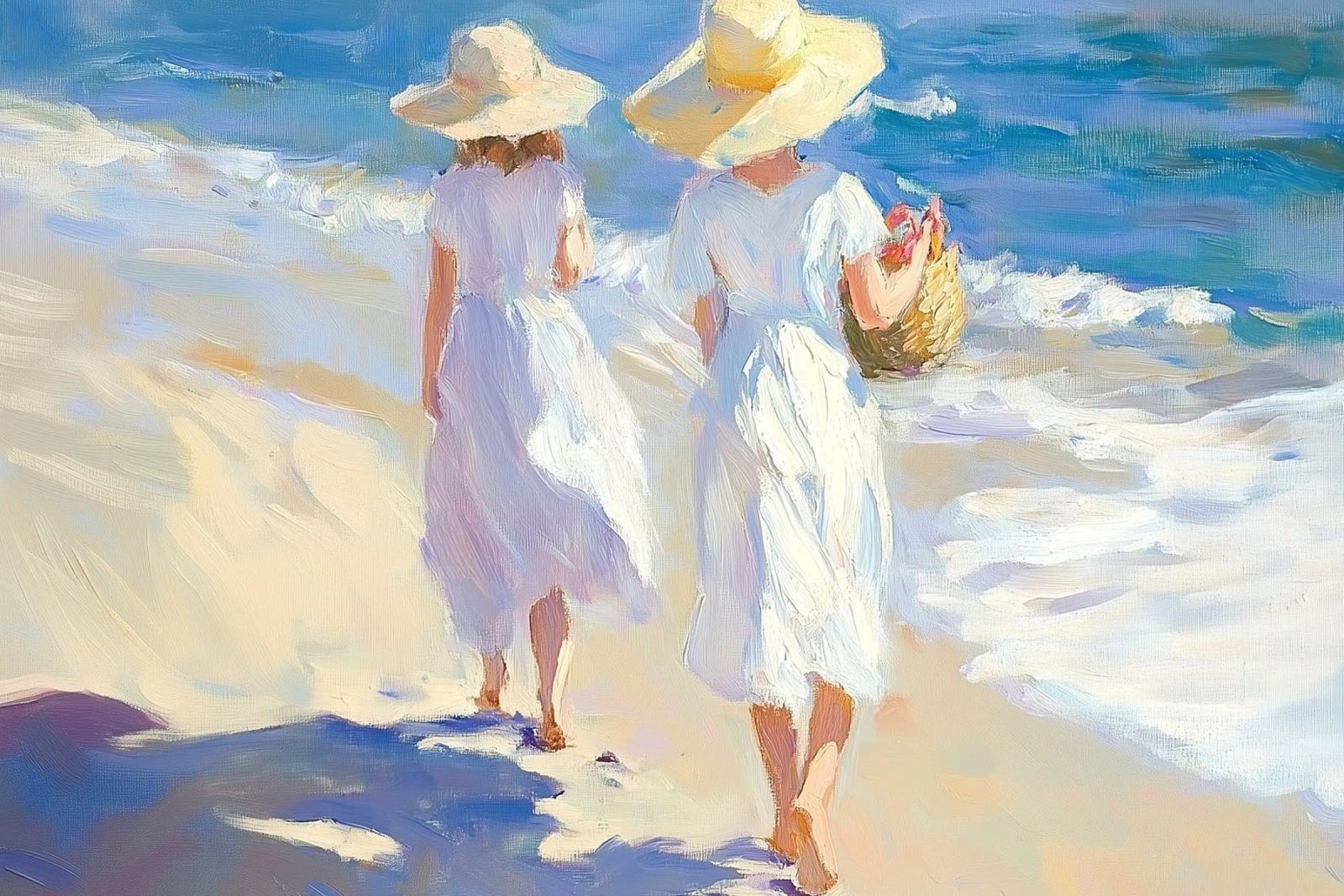 Donne che camminano su una spiaggia illuminata dal sole pellicola backlit da Melloi Art Print