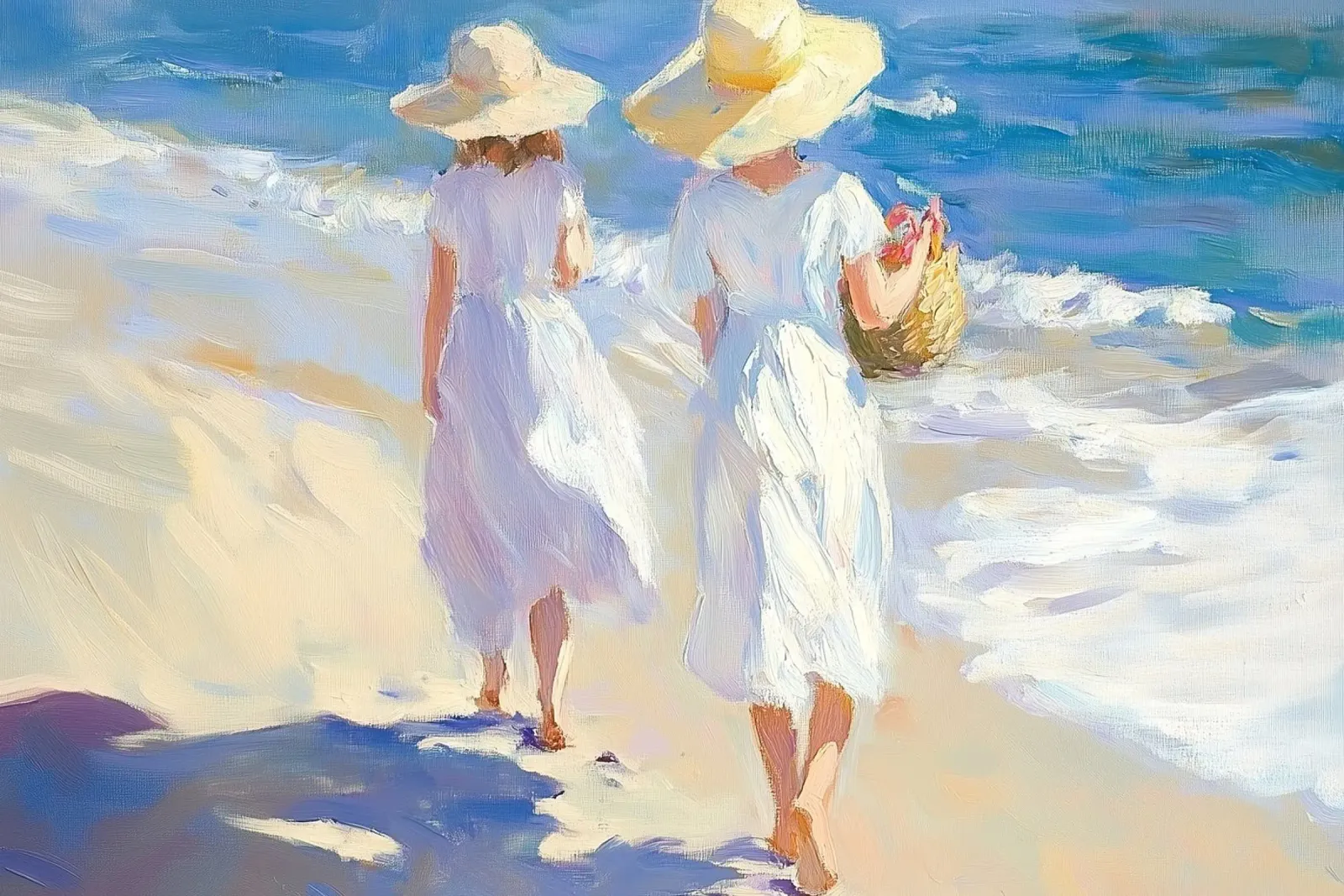 Donne che camminano su una spiaggia illuminata dal sole pellicola backlit da Melloi Art Print