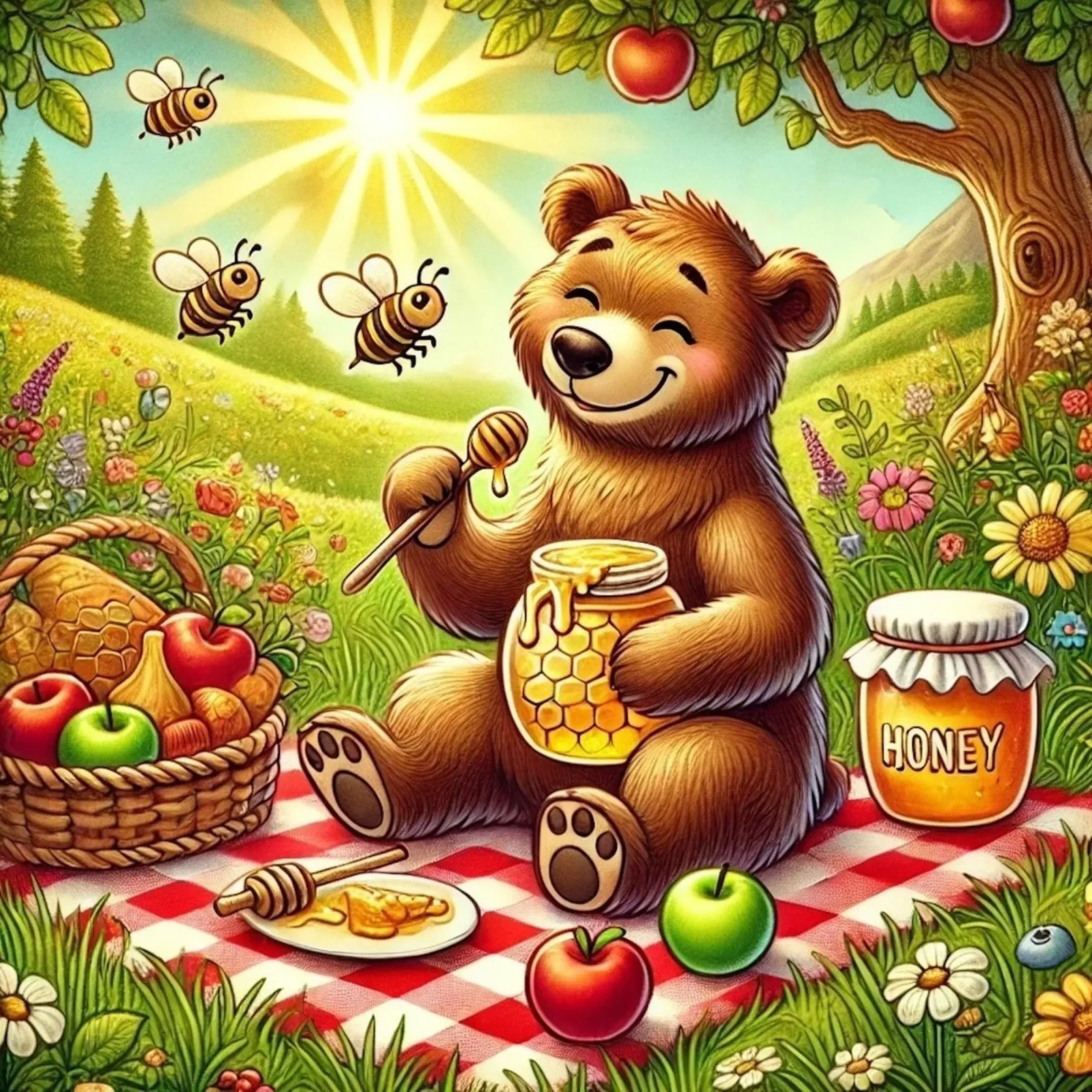 Picknick-Glück: Das Festmahl des Honigbären Leinwand mit Schattenfugenrahmen von FluffyToons