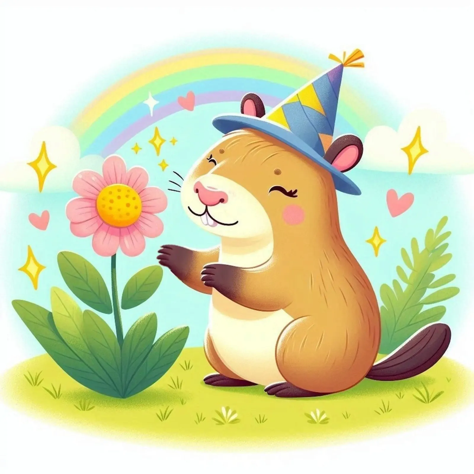 Castoro felice con fiore carta hahnemühle da FluffyToons