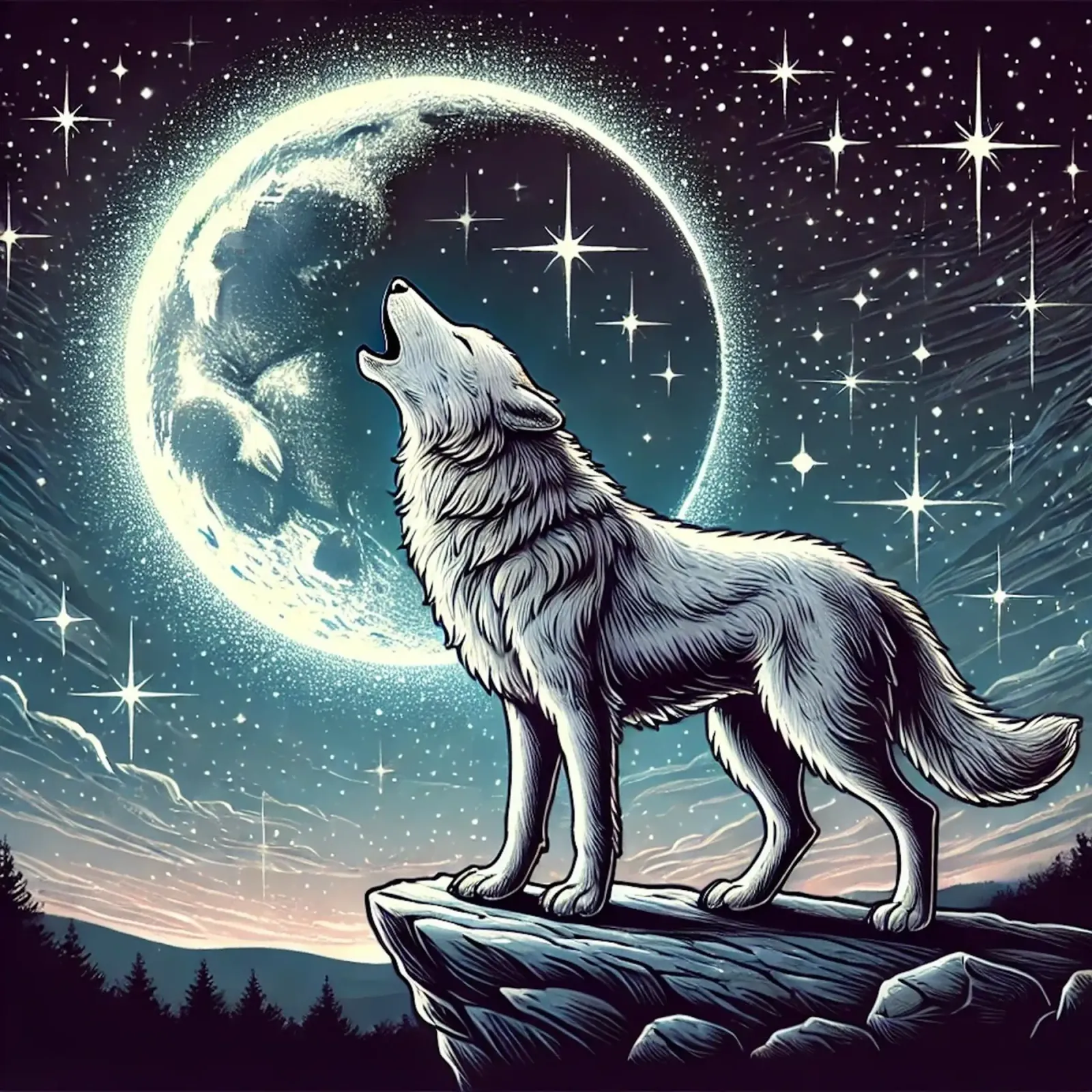 Lupo d'argento che ulula alla luna poster da FluffyToons