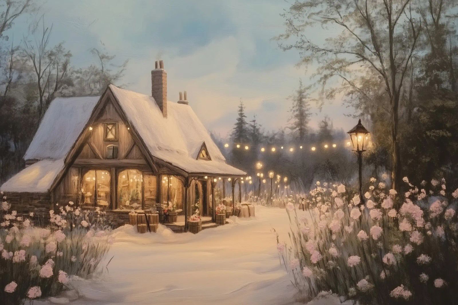 Gemütliches Winterhaus in der Abenddämmerung Poster von Melloi Art Print