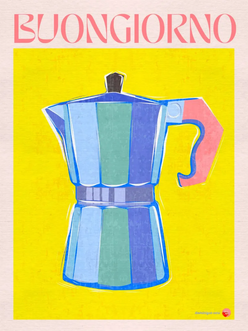 BUONGIORNO Poster caffettiera retrò giallo brillante su blu poster da Dominique Vari