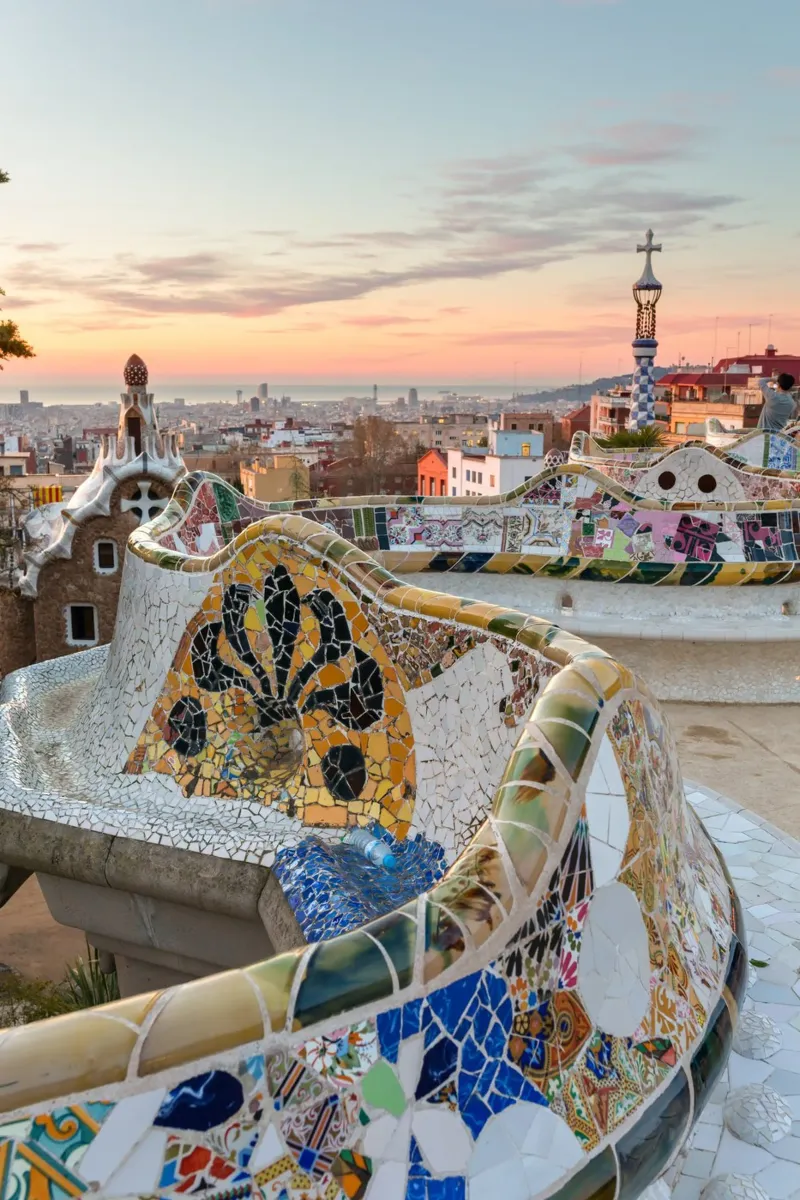 Barcelona Zonsondergang, Reisposter, Spanje Muurkunst canvas met Baklijst van TheTravelClub