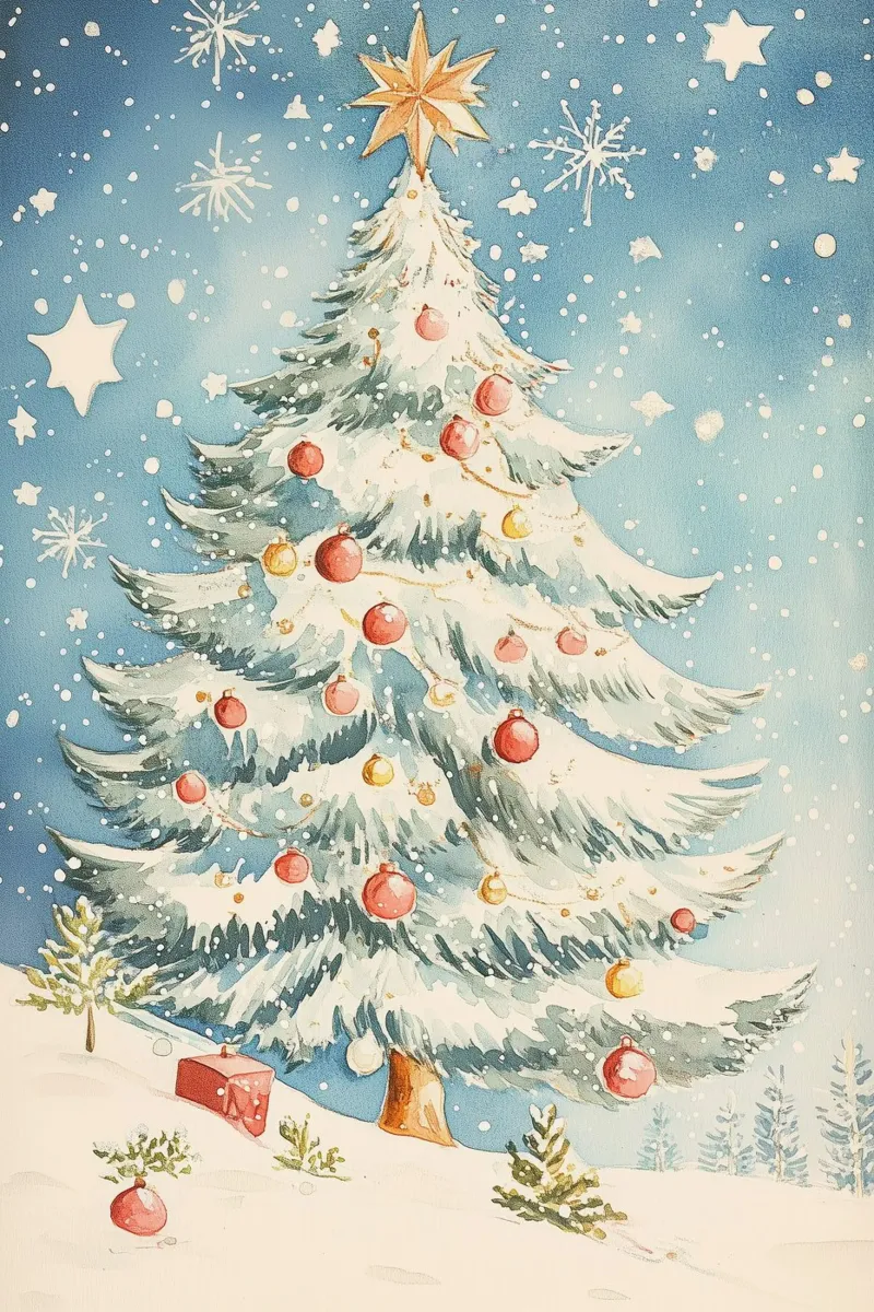 Albero di Natale in un paesaggio innevato pellicola backlit da Melloi Art Print
