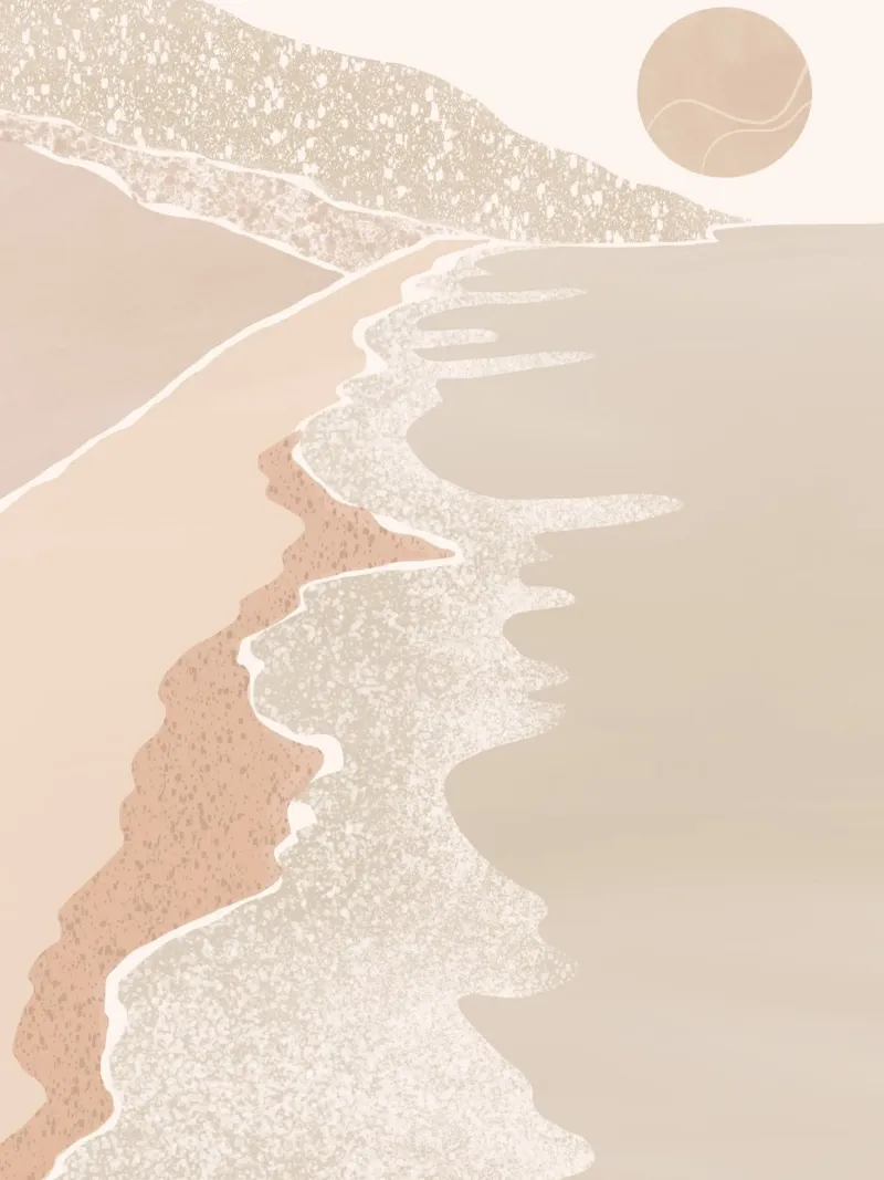 Scena di spiaggia pastello con sole stilizzato pellicola backlit da Melloi Art Print