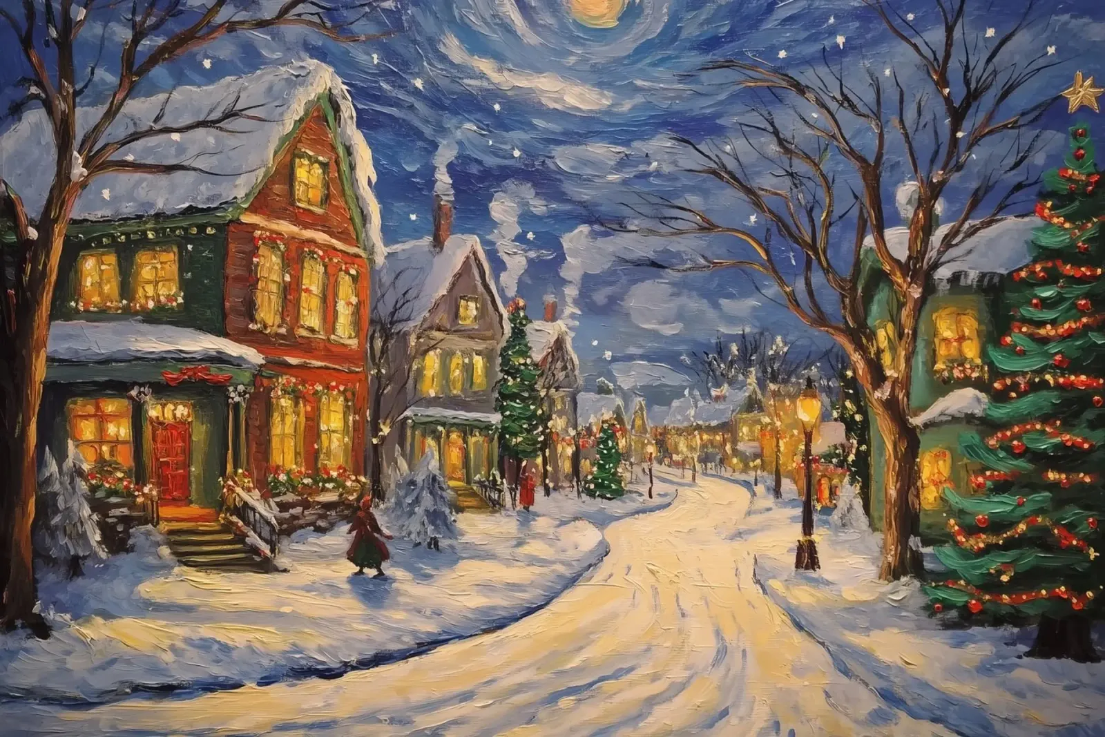 Città innevata nella notte di Natale pellicola backlit da Melloi Art Print