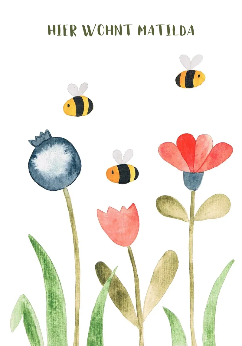 Wiese mit Blumen - Wasserfarbe Namensbild poster con telaio in alluminio da BAINAI KIDS