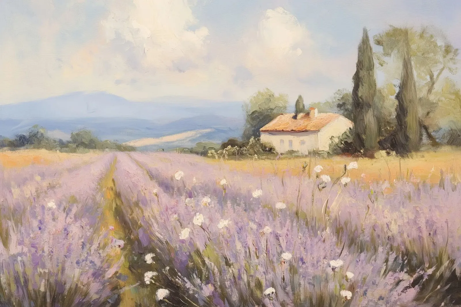 Campo di lavanda con cottage carta hahnemühle da Melloi Art Print