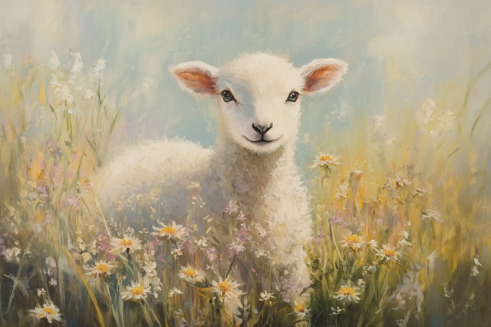 Agnello in un campo di fiori selvatici pellicola backlit da Melloi Art Print