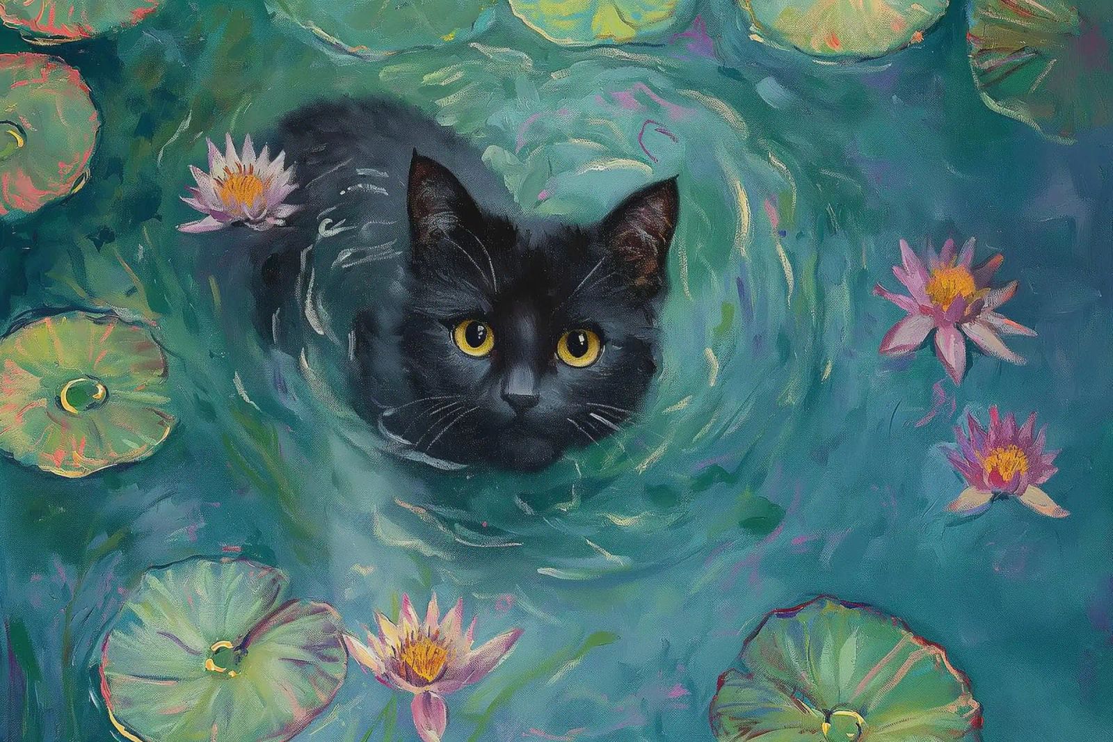 Black Cat Swimming Among Lilies poster by Melloi Art Print