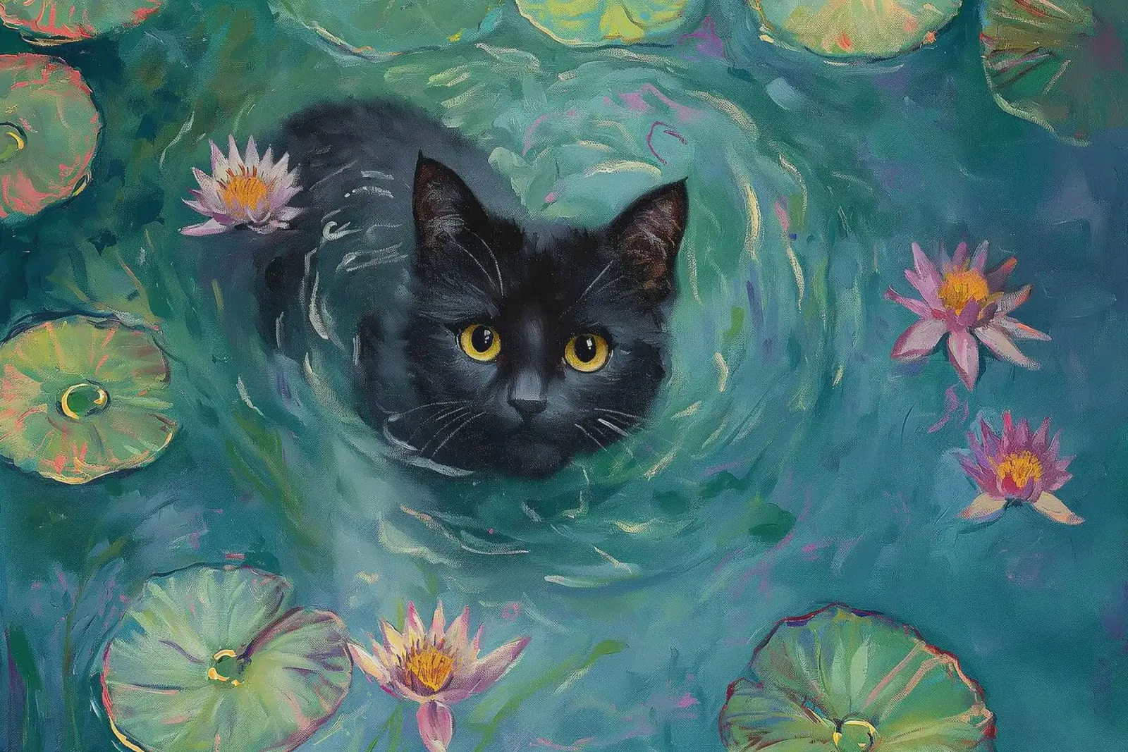Gatto nero che nuota tra le ninfee tela da Melloi Art Print