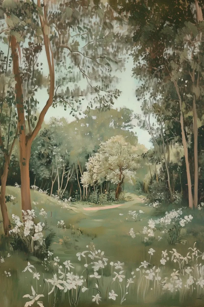 Sentiero della foresta tranquilla pellicola backlit da Melloi Art Print