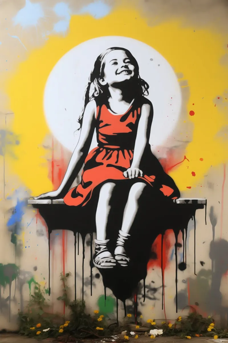 Infanzia felice | Graffiti di street art in stile Banksy poster con telaio in legno da Autofocus
