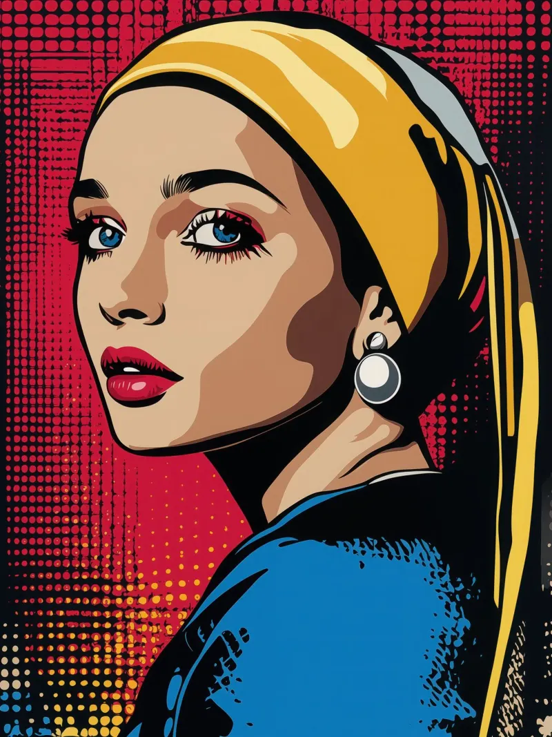 Ragazza con l'orecchino di perla | Pop Art in stile fumetto poster con telaio in legno da Autofocus