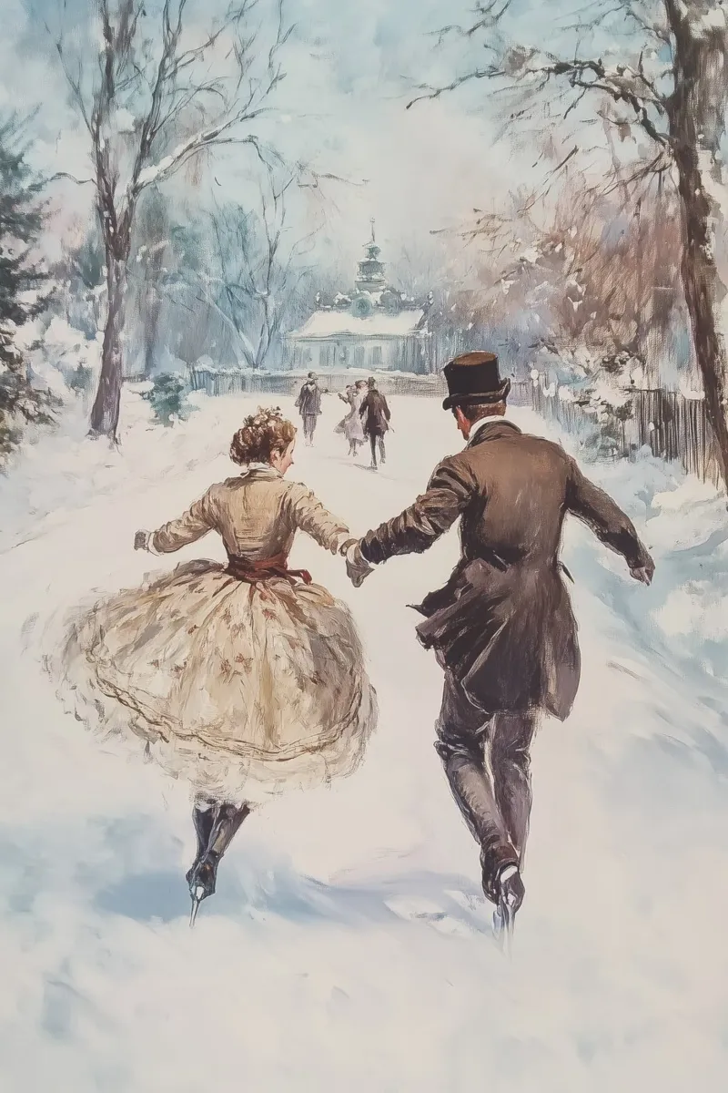 Pattinaggio romantico sul ghiaccio d'inverno poster con telaio in alluminio da Melloi Art Print