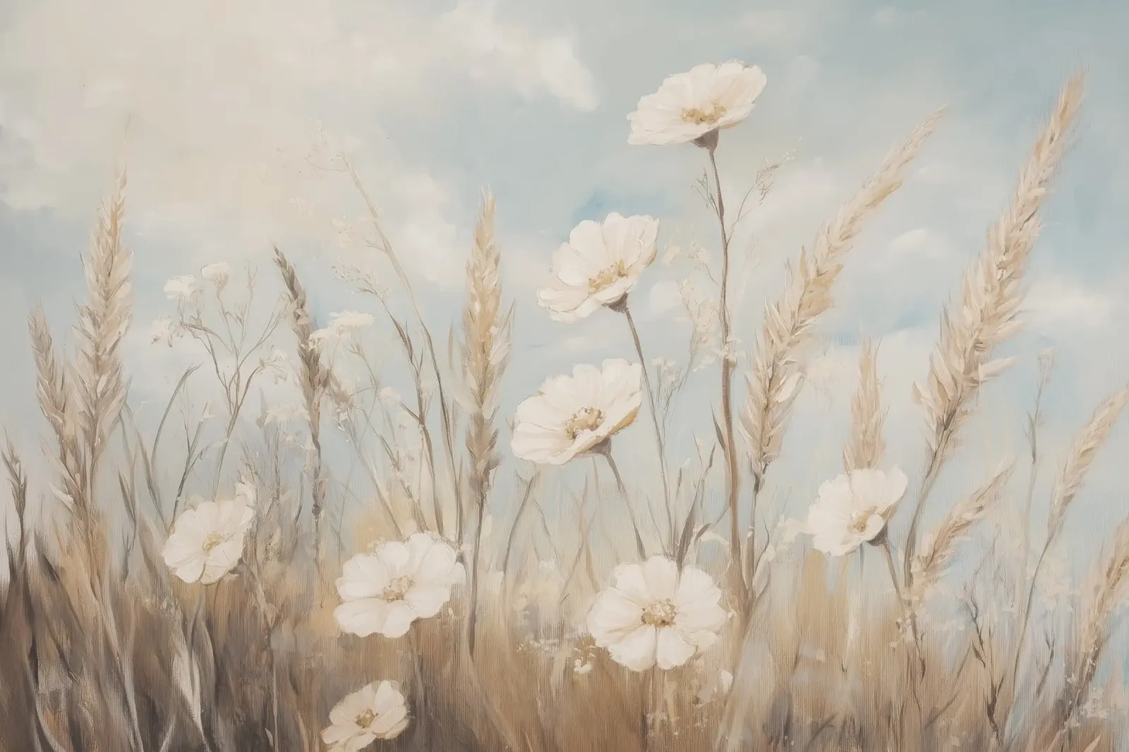 Campo tranquillo di erbe alte e fiori bianchi pellicola backlit da Melloi Art Print