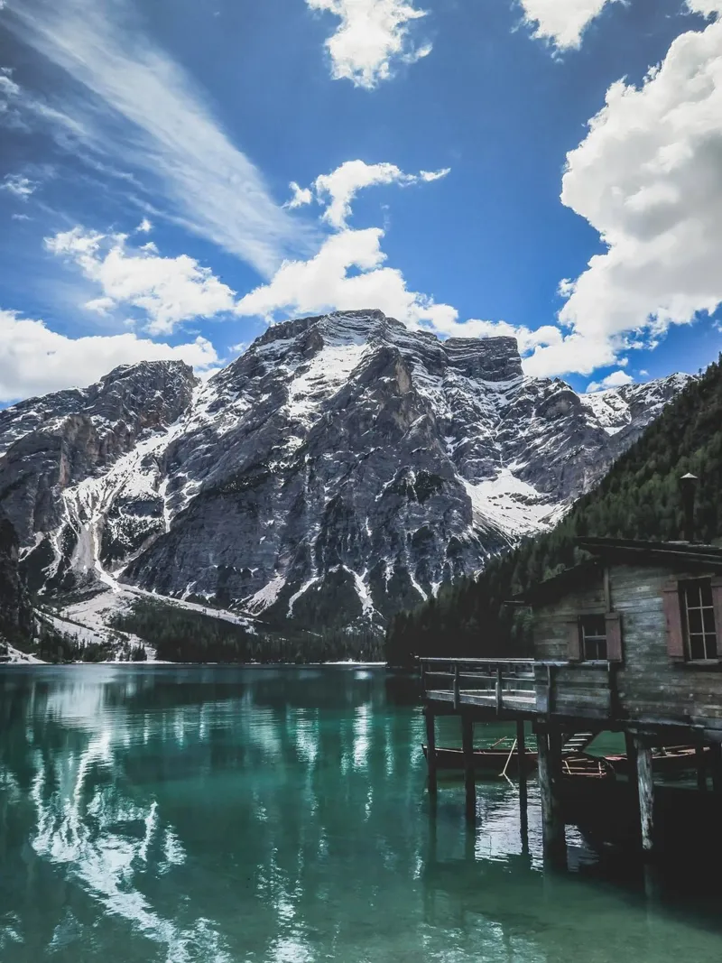 Mountain lake with wooden hut design canvas by Whole©