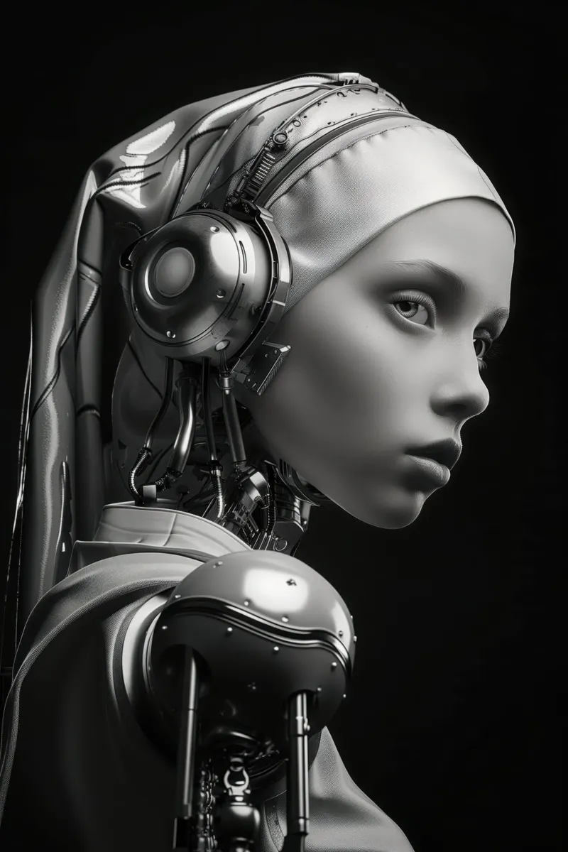 Ragazza Android cyberpunk con l'orecchino di perla pellicola backlit da Autofocus