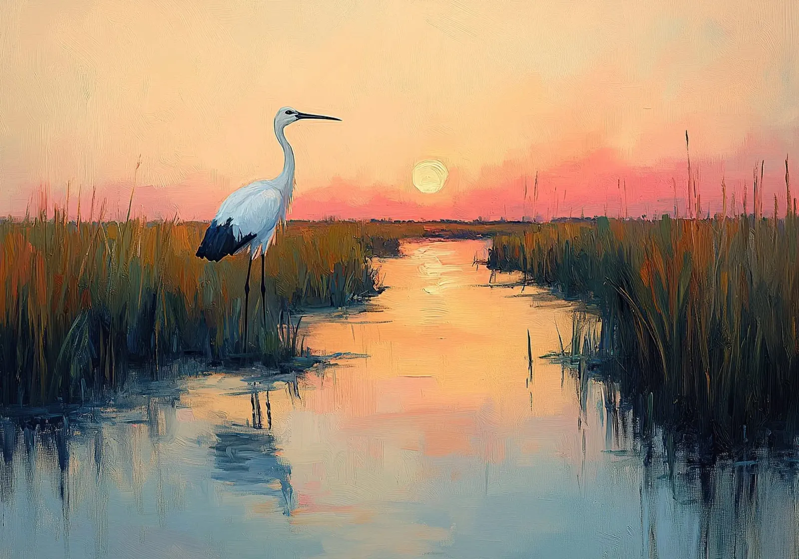 Cicogna Fauvismo Natura Paesaggio Fiume poster con telaio in plastica da Euphoria Theresa
