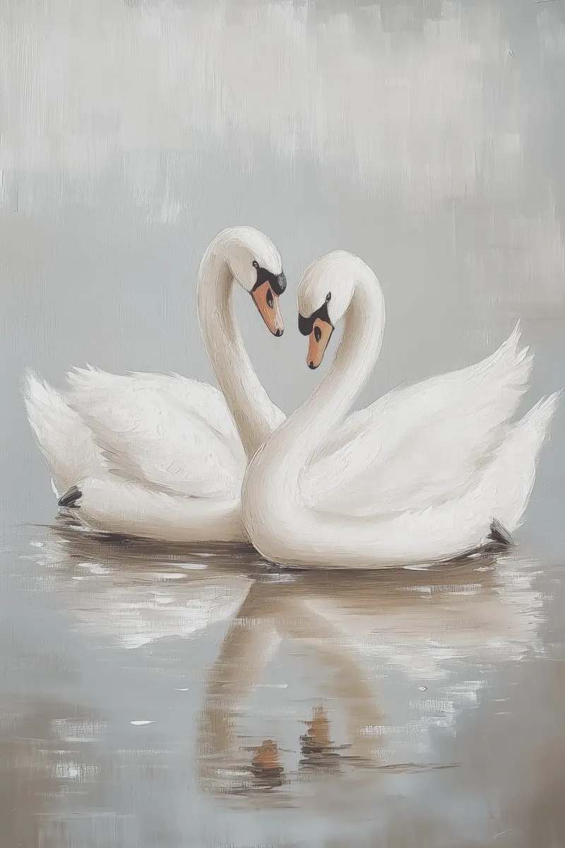 Elegante coppia di cigni in acque serene pellicola backlit da Melloi Art Print