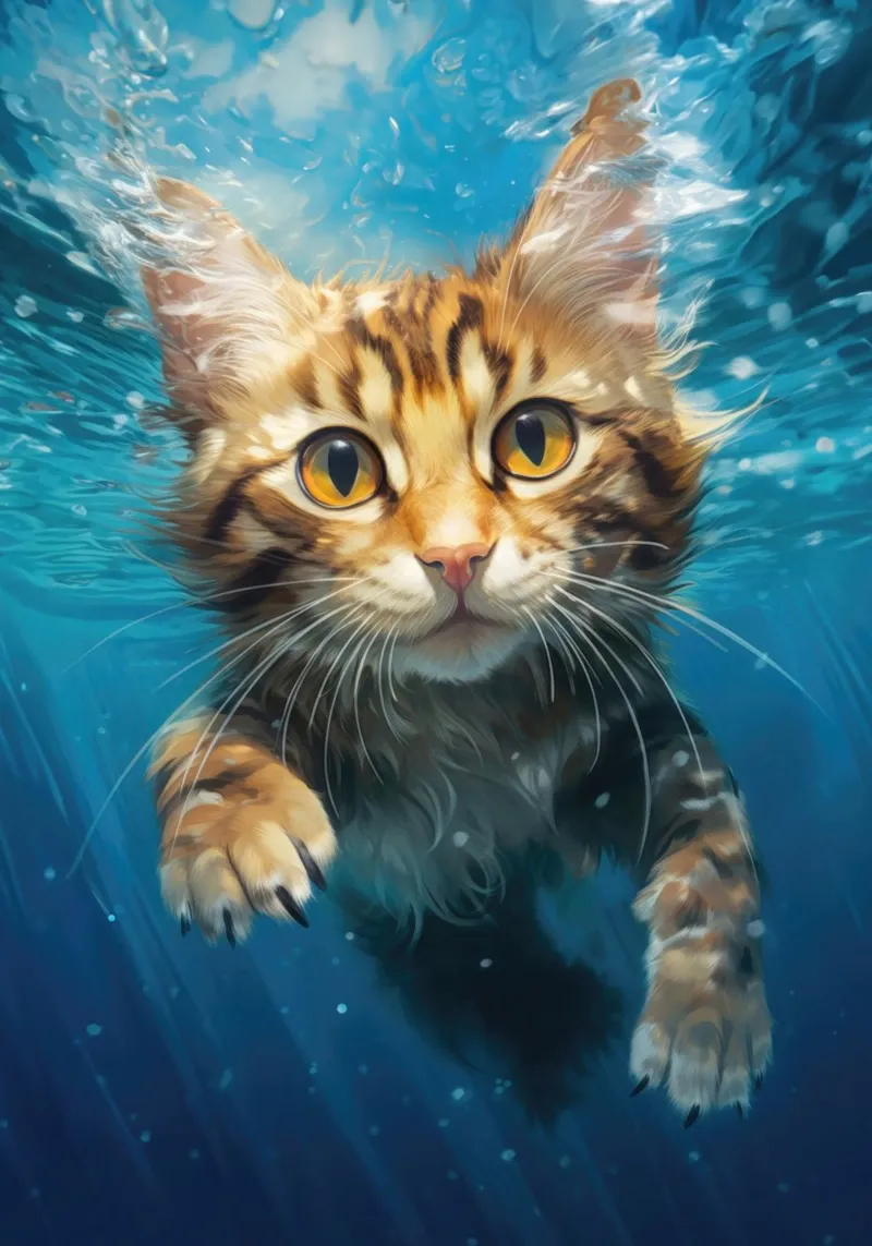 Gatto che nuota poster con telaio in plastica da Lootprint