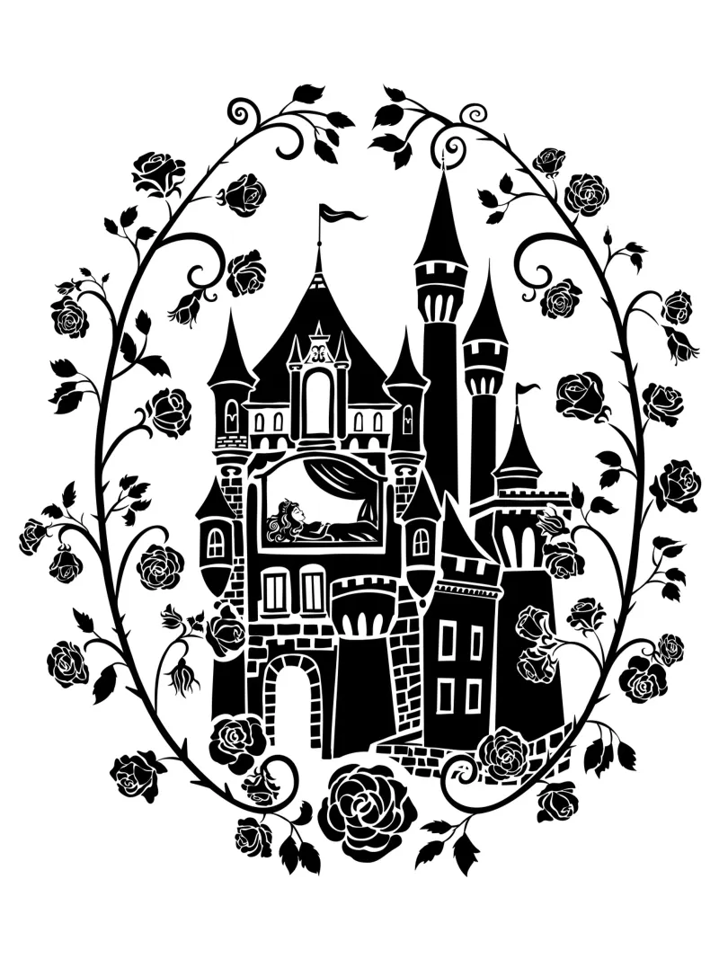Silhouette della Bella Addormentata Castello delle Fiabe Vintage tela con Cornice a cassetta da DYDesign