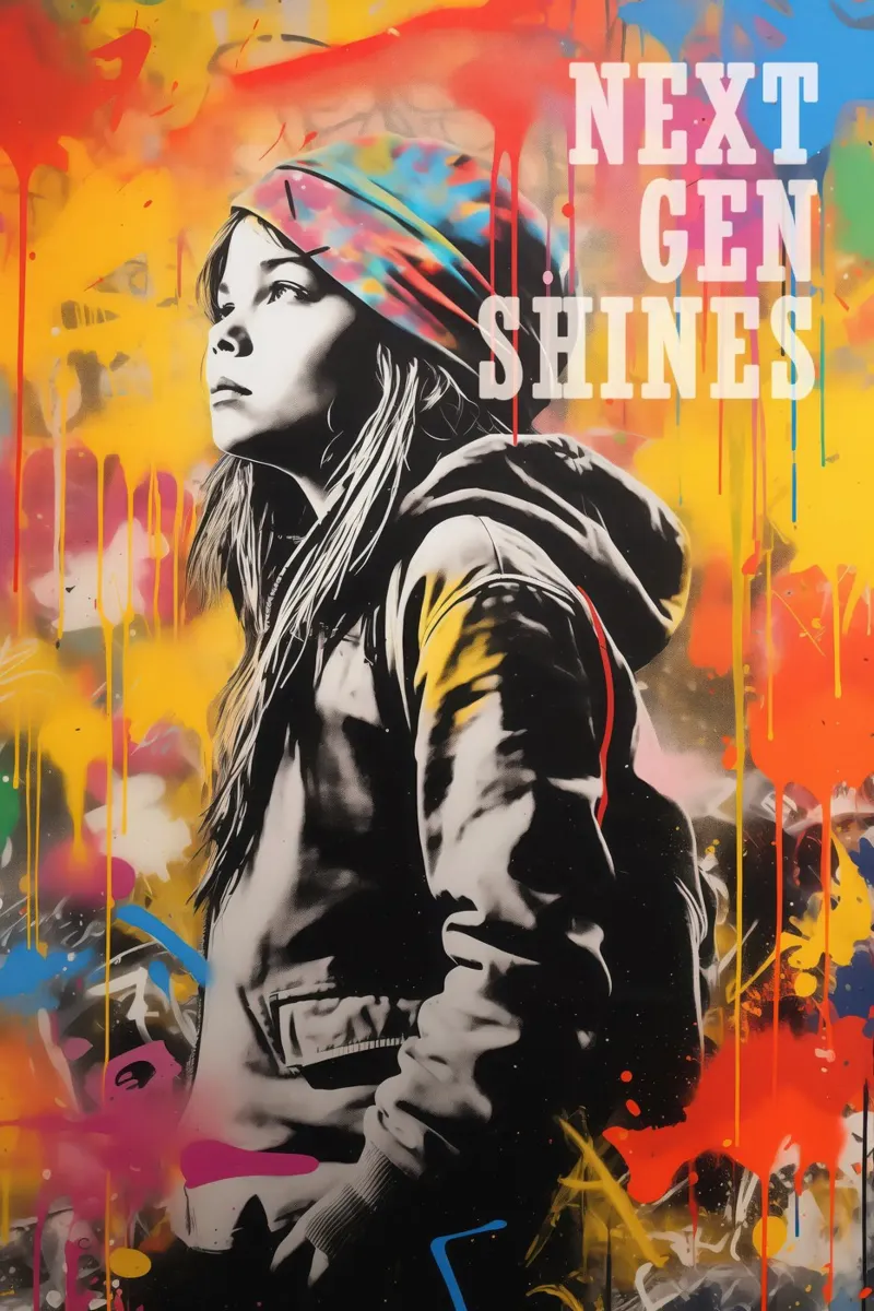 La Next Gen risplende e la street art dei graffiti in stile Banksy poster con telaio in plastica da Autofocus