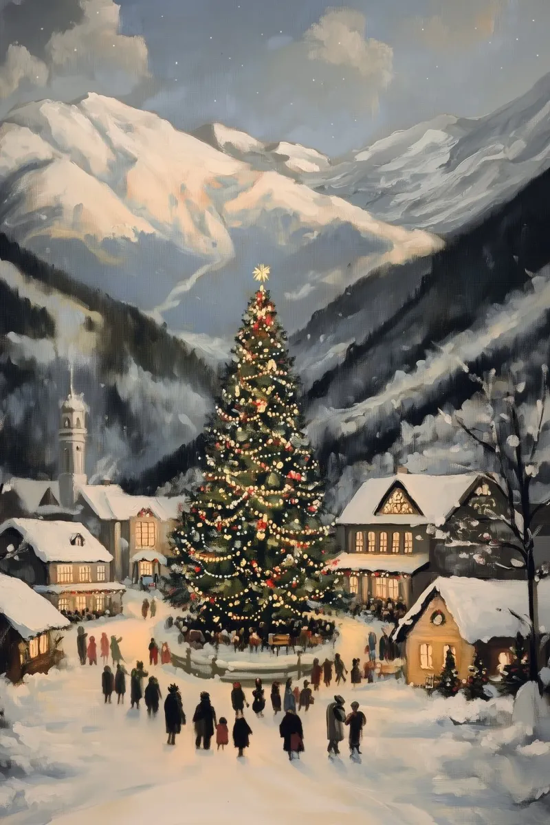 Villaggio invernale con albero di Natale decorato pellicola backlit da Melloi Art Print